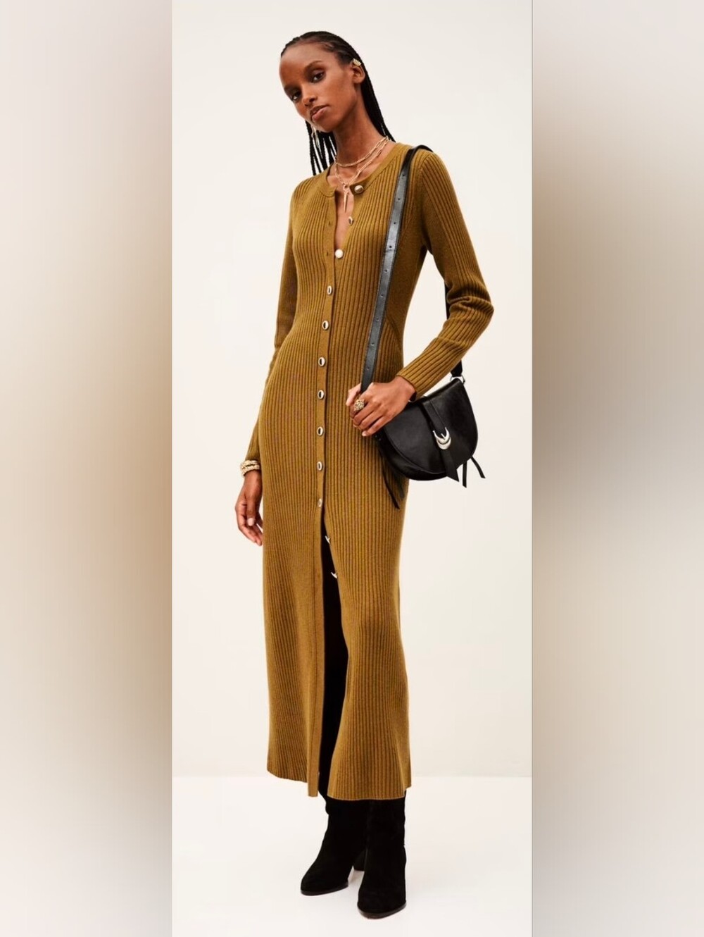 ba&sh Ribbed Long-Sleeve Button-Front Midi Dress in Mustard Brown